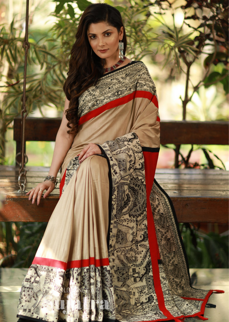 Exclusive beige semi silk saree with madhubani printed border - Sujatra