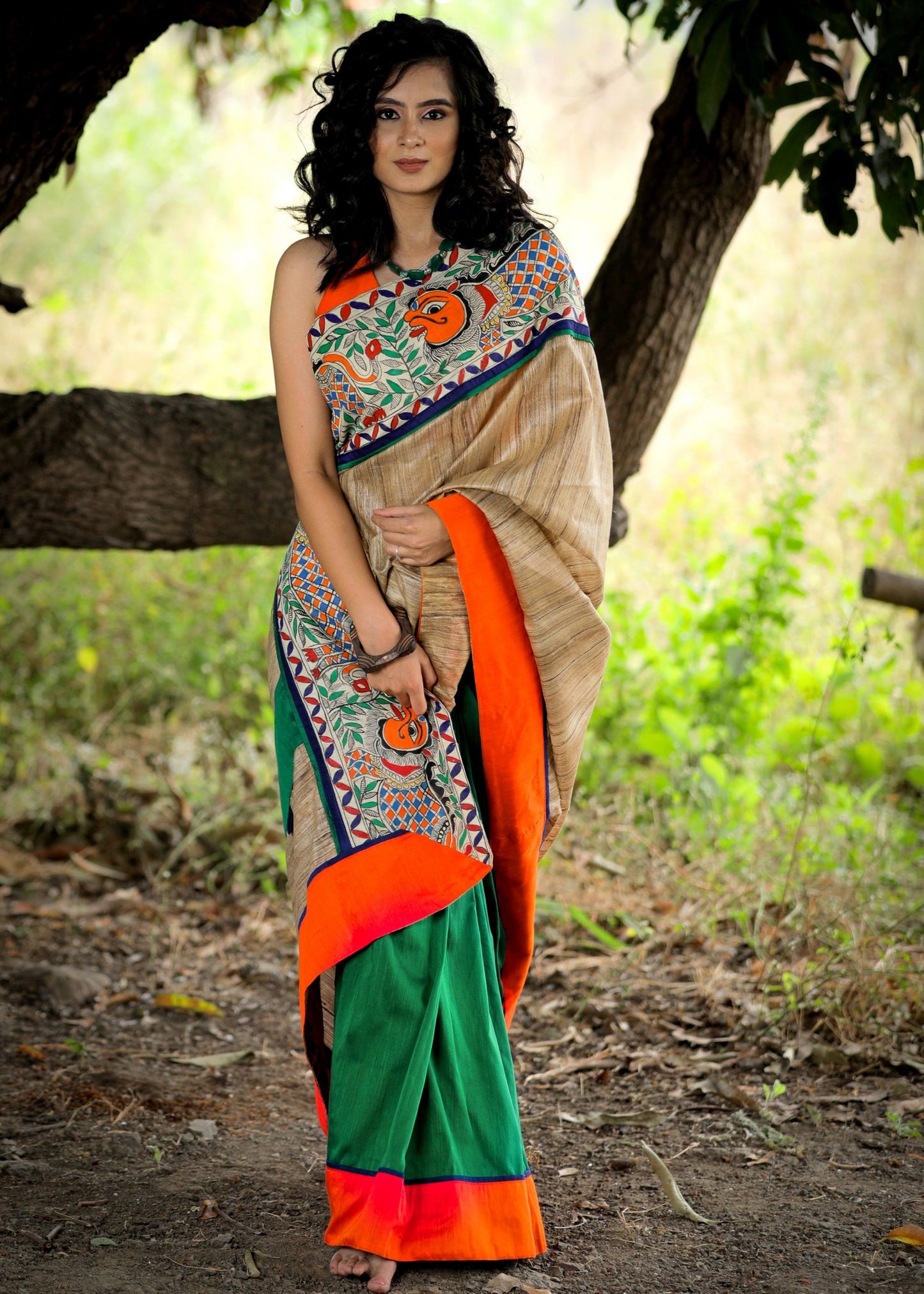 Exclusive pure raw silk & green cotton silk combination saree with hand painted madhubani border