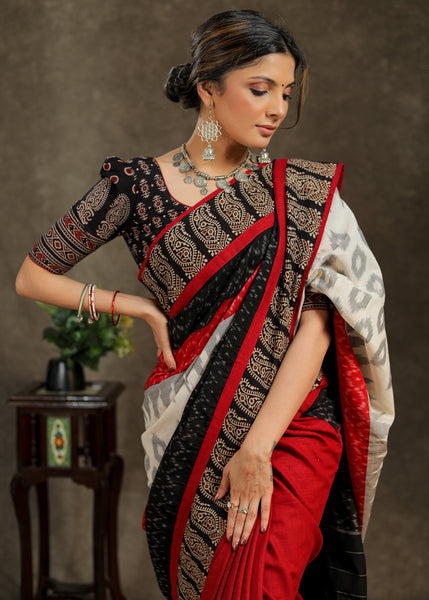 Stylish maroon Cotton saree with white and black combination Pallu and Ajrakh border