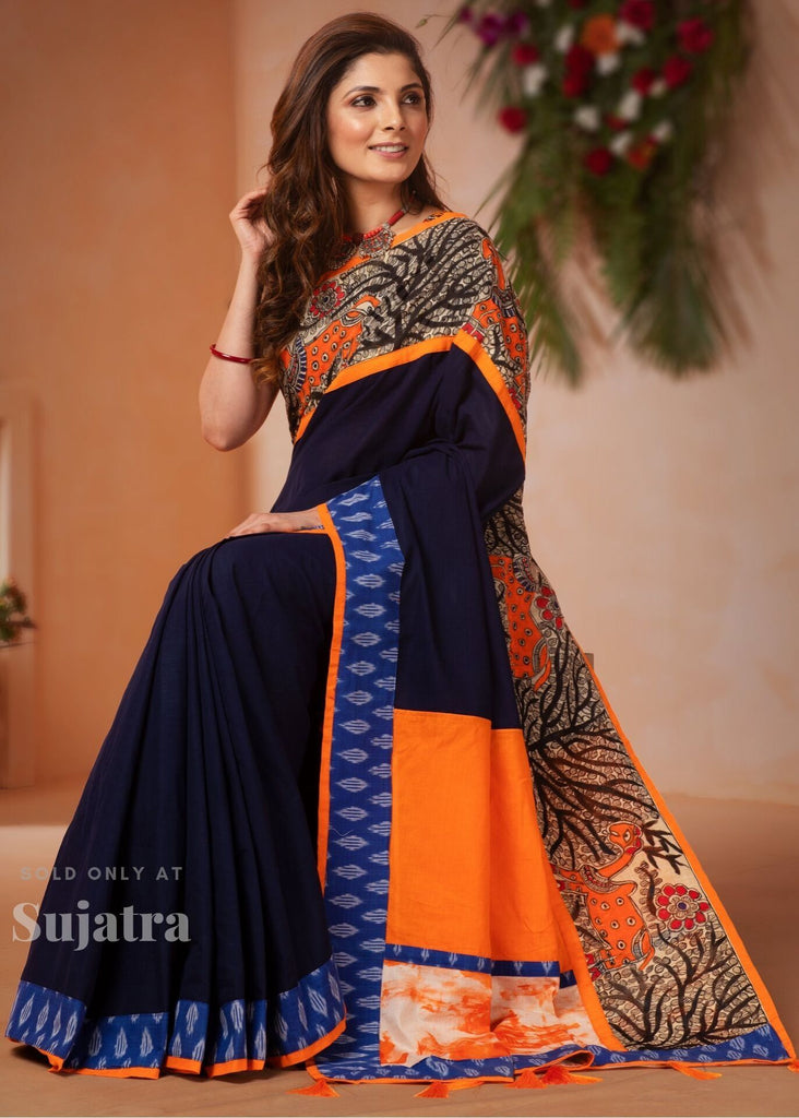 Blue handloom cotton saree with hand painted madhubani work & ikat border - Sujatra