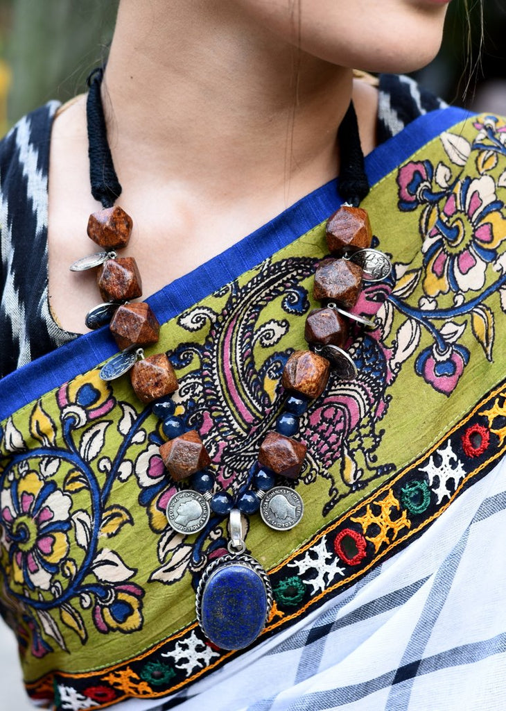 Exclusive wooden beads and coin tassels with blue stone pendant - Sujatra