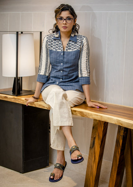 Collared cotton shirt with embroidery on shoulder yoke & sleeves