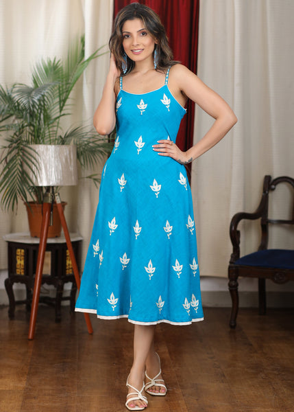 Cerulean blue strapy flare dress with overall embroidery