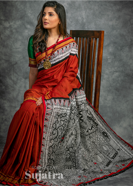 Exclusive Khun saree with intricate hand painted madhubani painted pallu & border
