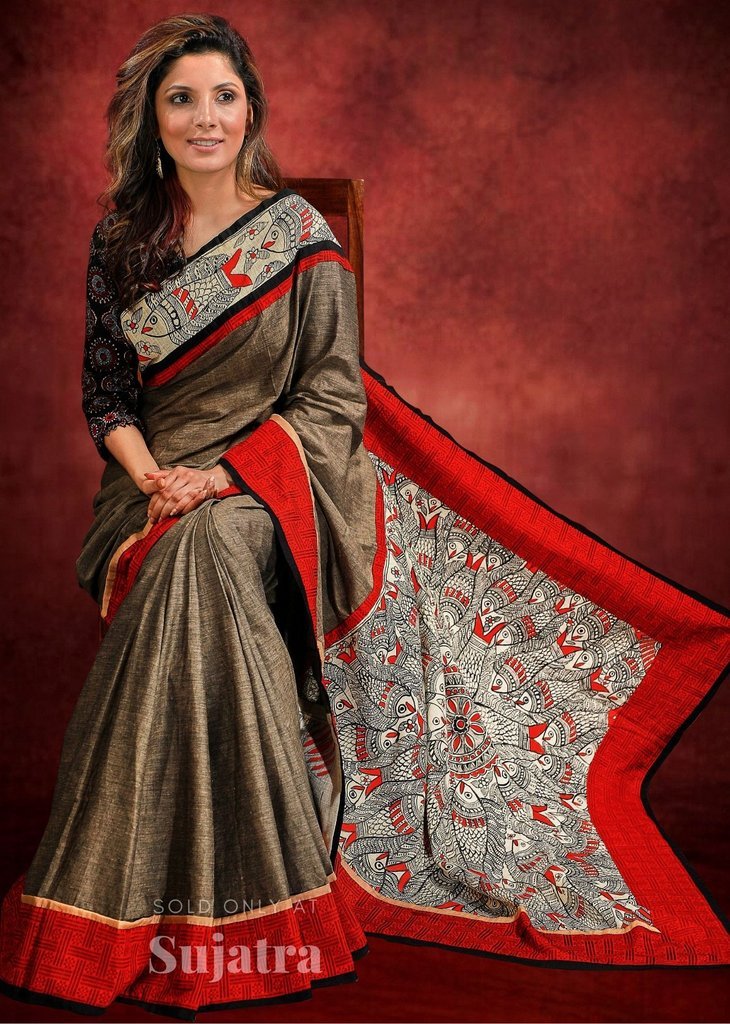 Dark beige handloom cotton saree with hand painted madhubani pallu & border