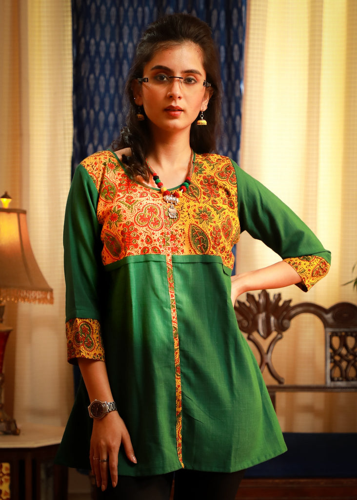 Ajrakh block printed mustard yoke matched with emerald green pure cotton top