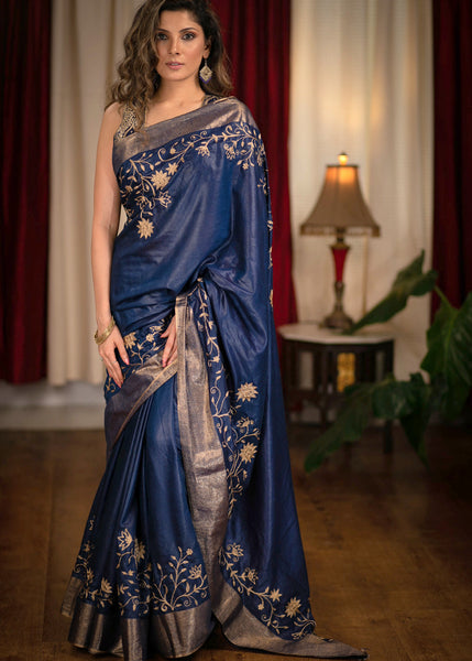Blue designer cotton silk saree with heavy designer embroidery