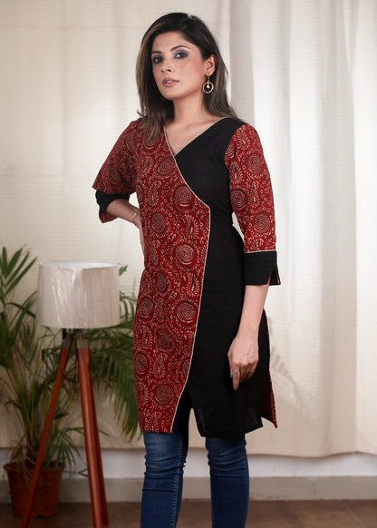 Ajrakh combination maroon and black cotton tunic