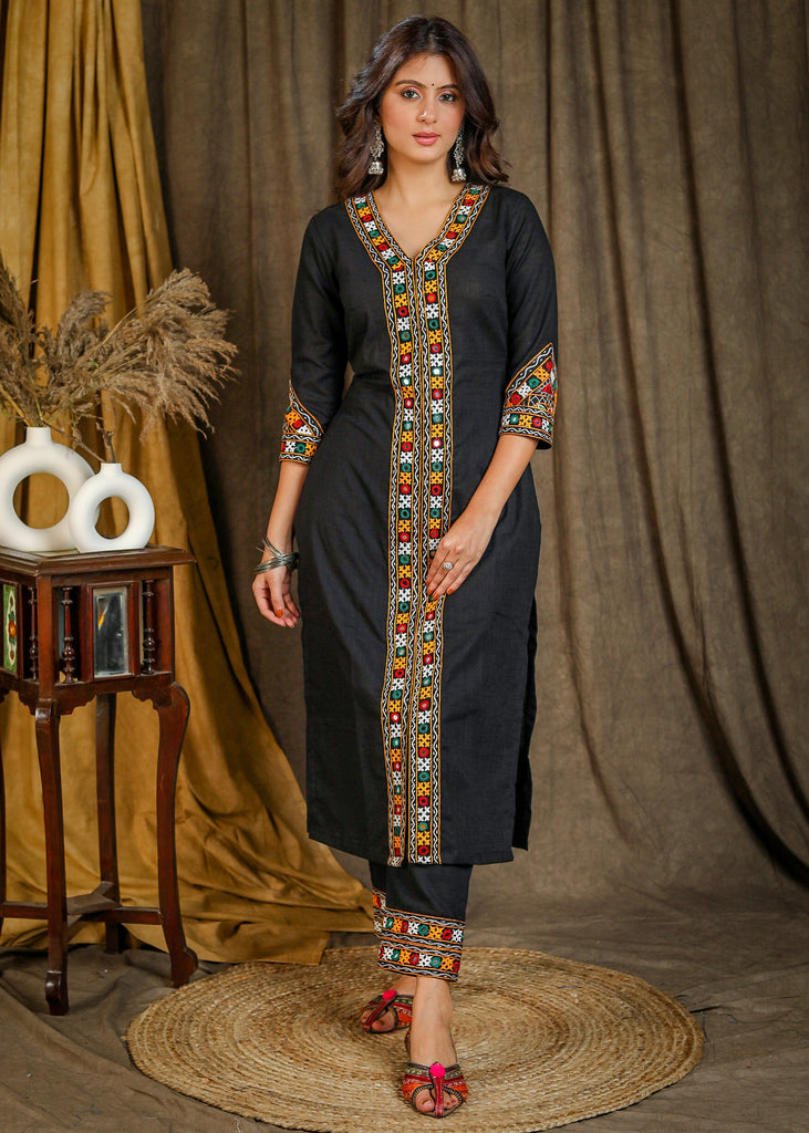 Black Cotton Straight Kurta with Beautiful Handmade Kutch Mirror Work Embroidery Allover - Pant Optional