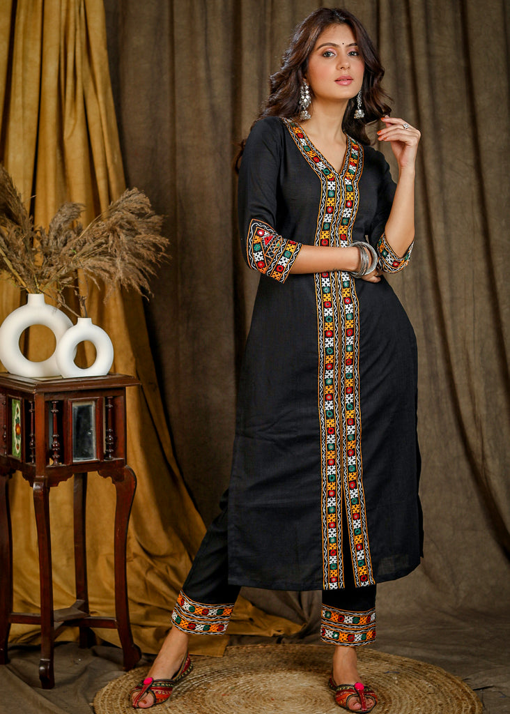Black Cotton Straight Kurta with Beautiful Handmade Kutch Mirror Work Embroidery Allover - Pant Optional
