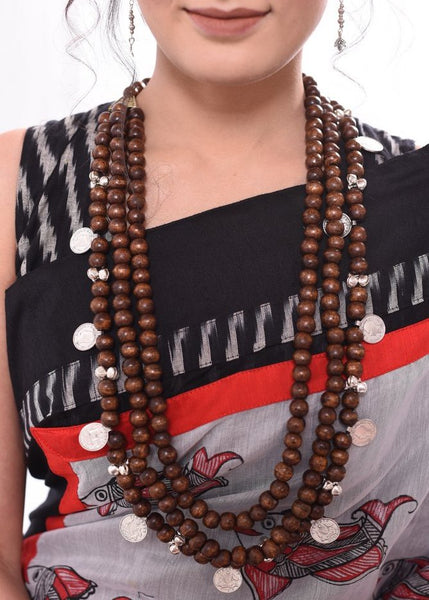 Long wooden beaded, multilayer necklace with coin tassel - Sujatra