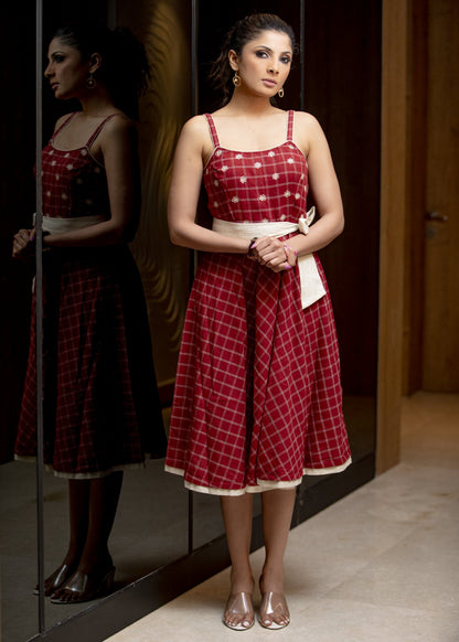 Red checks strapy handloom cotton dress with foral emboidery on yoke
