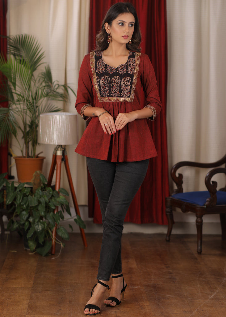 Exclusive maroon cotton Top with Ajrakh combination