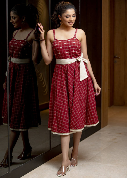 Red checks strapy handloom cotton dress with foral emboidery on yoke