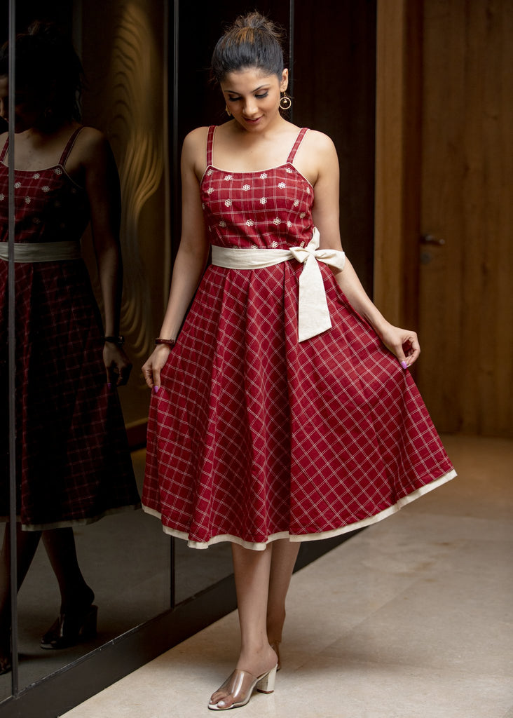 Red checks strapy handloom cotton dress with foral emboidery on yoke