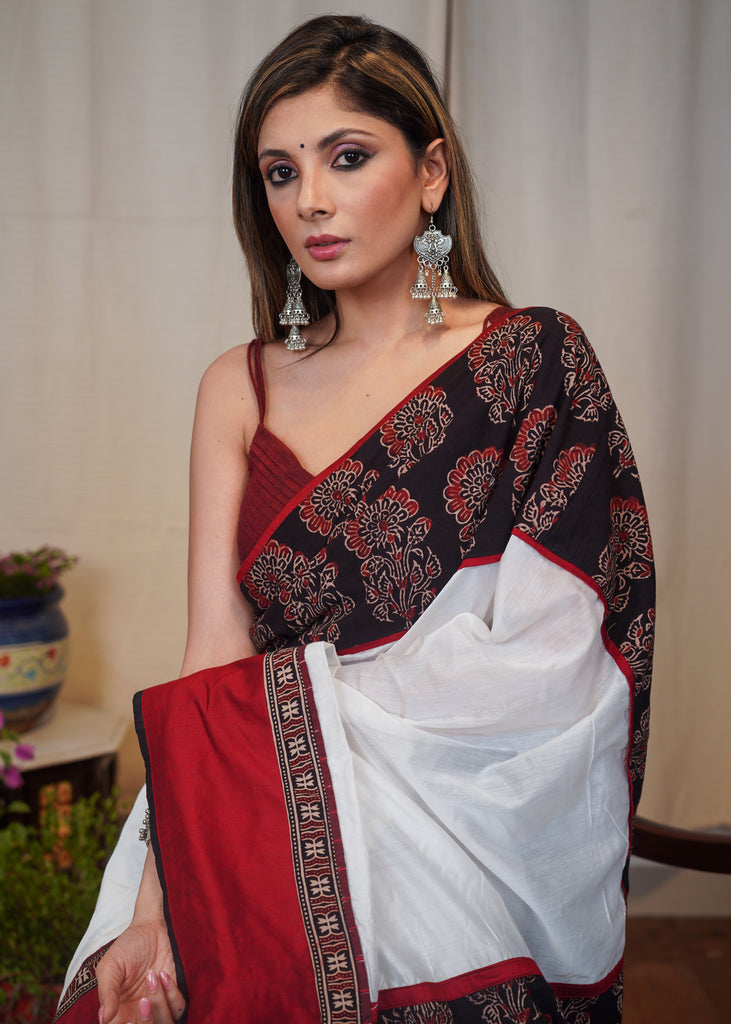 White Chanderi saree with Ajrakh pallu and maroon cotton silk border