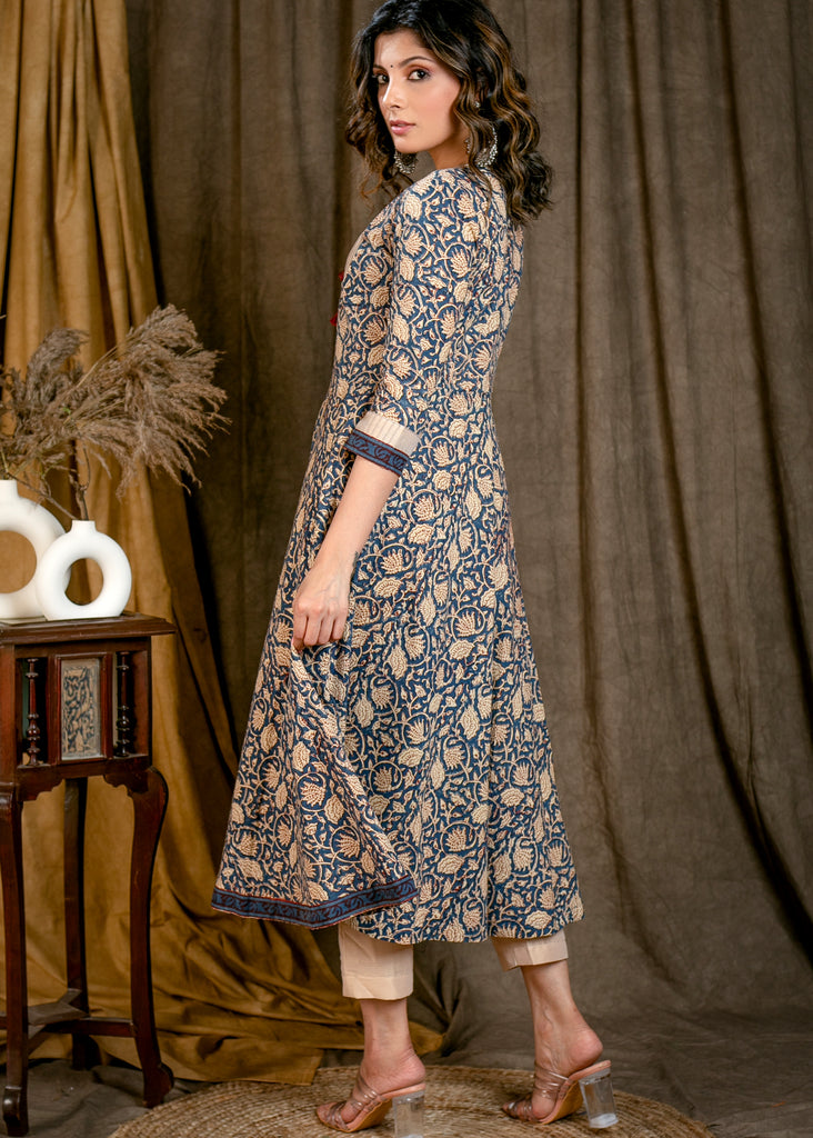 Elegant Blue Printed Kurta / One Piece Dress with Contrast Pintucks On Yoke - Pant Optional