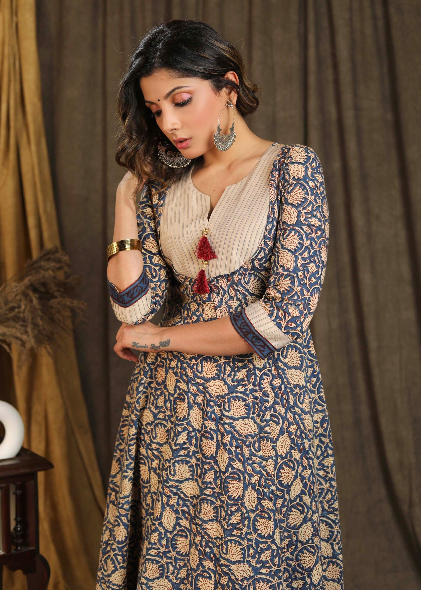 Elegant Blue Printed Kurta / One Piece Dress with Contrast Pintucks On Yoke - Pant Optional