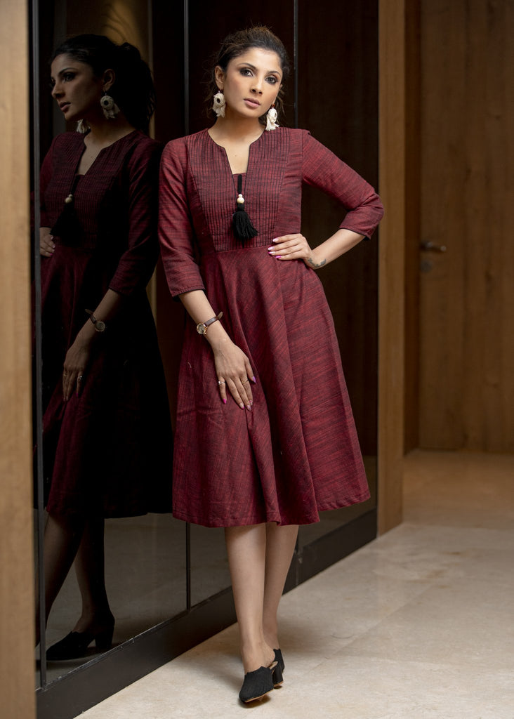 Exclusive maroon handloom cotton dress with pintucks infront