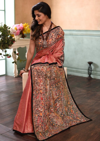 Pink semi silk saree with intricate hand painted madhubani pallu & border