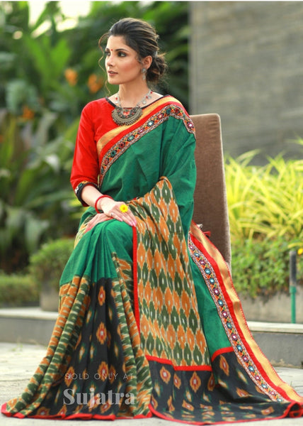Exclusive ikat combination cotton saree with kutch mirror work