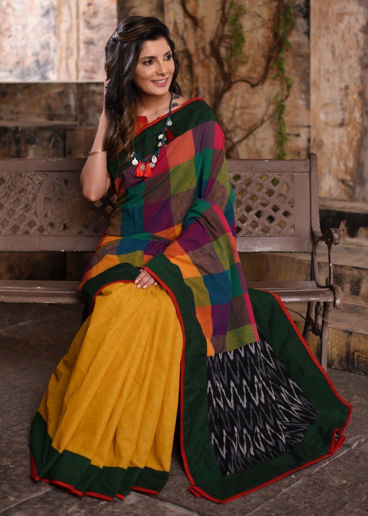 Exclusive chequred cotton saree with yellow handloom cotton pleats & ikat pallu - Sujatra