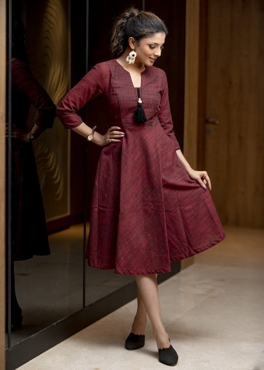 Exclusive maroon pure cotton dress with pintucks infront