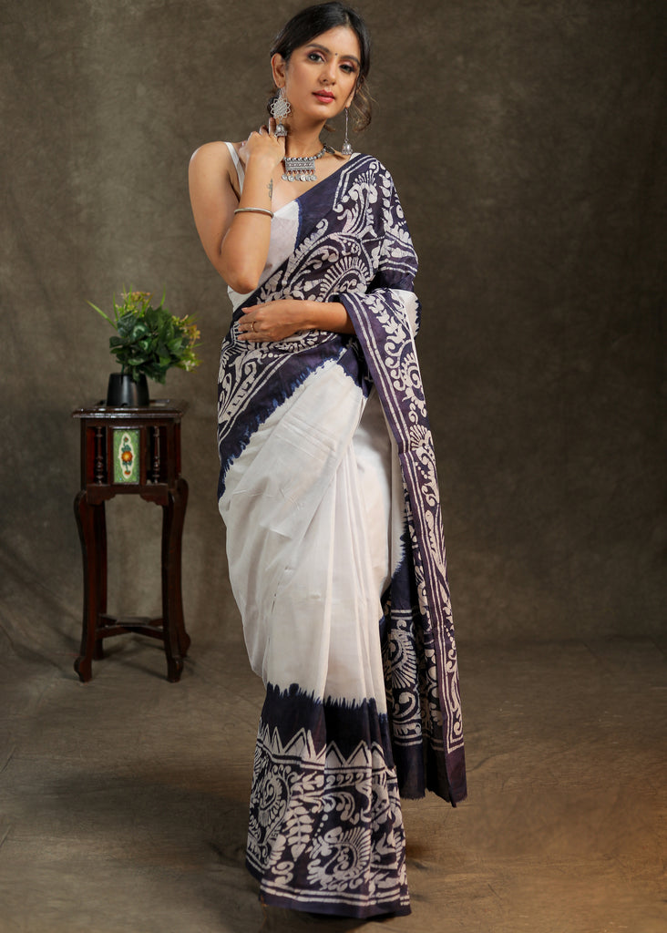Exquisite mul Cotton white and blue combination saree