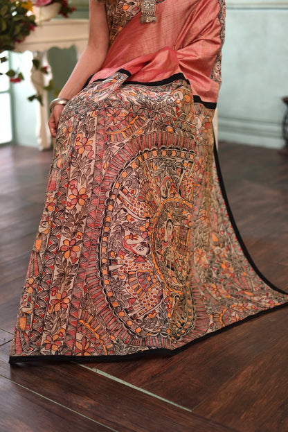 Pink semi silk saree with intricate hand painted madhubani pallu & border - Sujatra