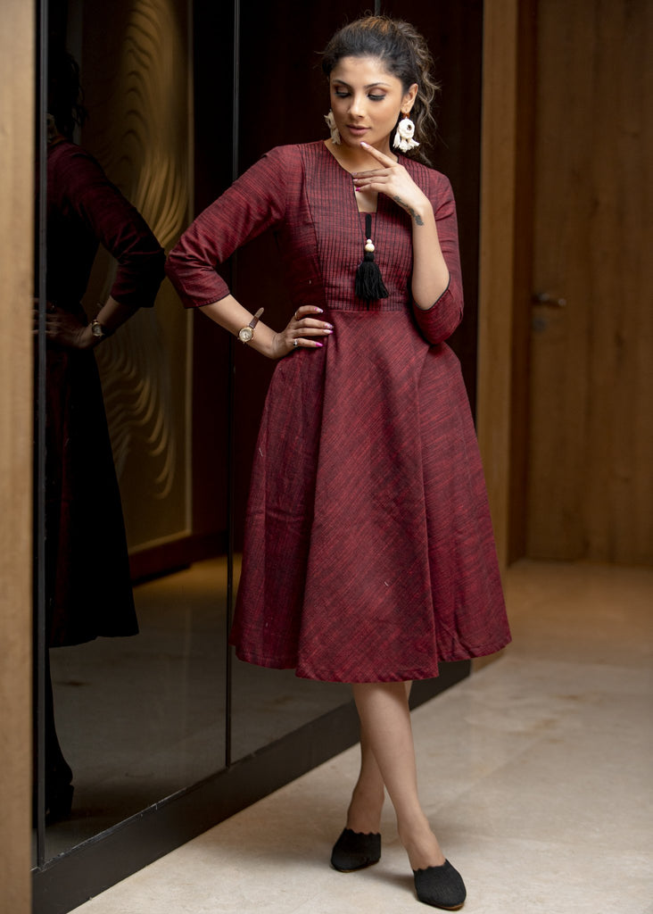 Exclusive maroon handloom cotton dress with pintucks infront