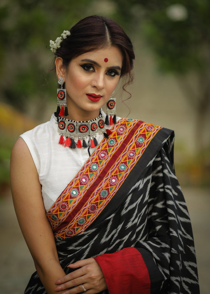 Exclusive ikat & chanderi combination saree with kutchi mirror work border