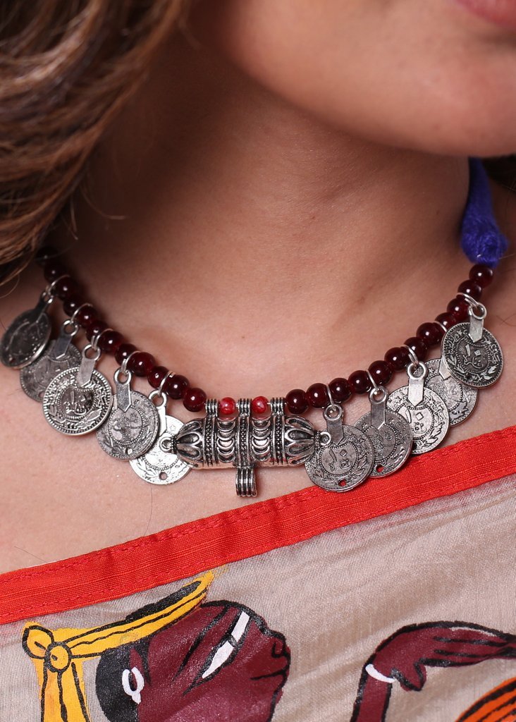 Oxidised tribal pendant with coin tassel neckpiece - Sujatra