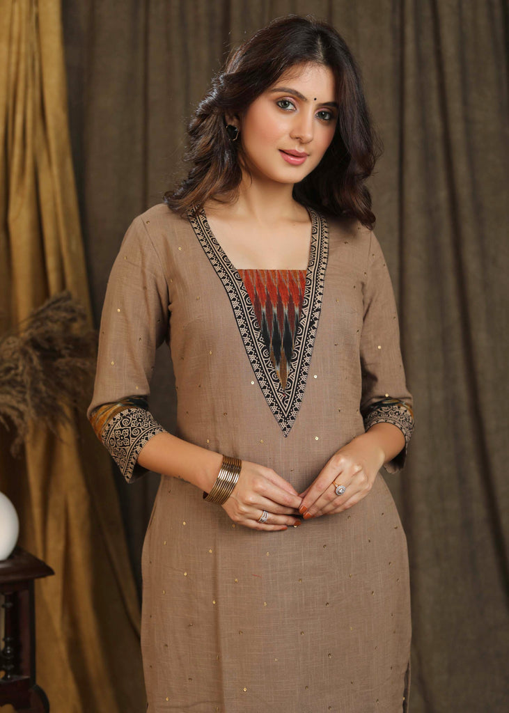 Smart Cotton Beige & Multicolor Ikat Straight Cut Kurta with All Over Sequence Hand Work - Pant Optional