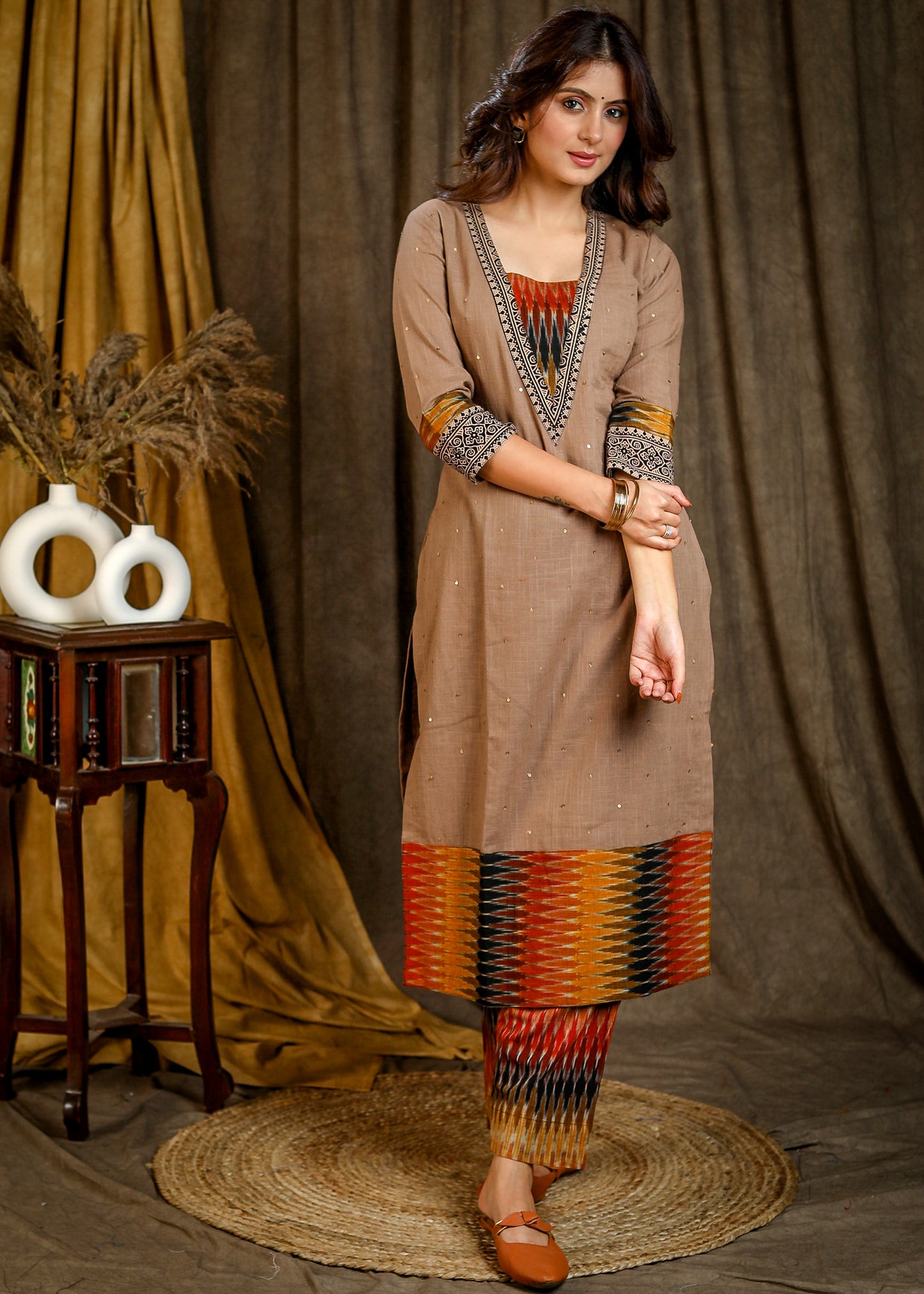 Smart Cotton Beige & Multicolor Ikat Straight Cut Kurta with All Over Sequence Hand Work - Pant Optional