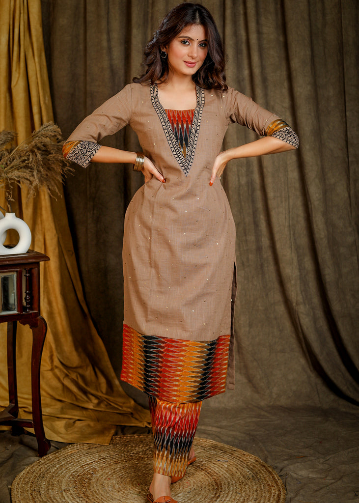 Smart Cotton Beige & Multicolor Ikat Straight Cut Kurta with All Over Sequence Hand Work - Pant Optional