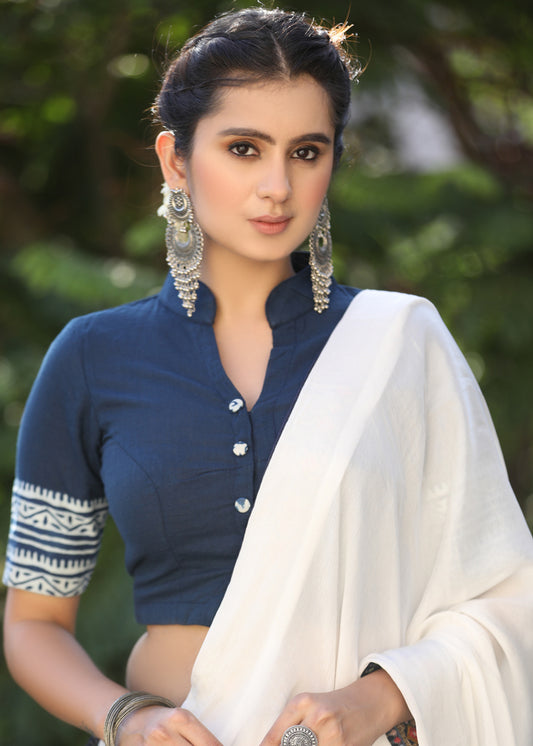 Blue Cotton Slub Blouse with Mandarin Collar and Indigo Border - Optional Plain Saree