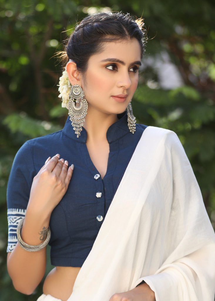 Blue Cotton Slub Blouse with Mandarin Collar and Indigo Border - Optional Plain Saree