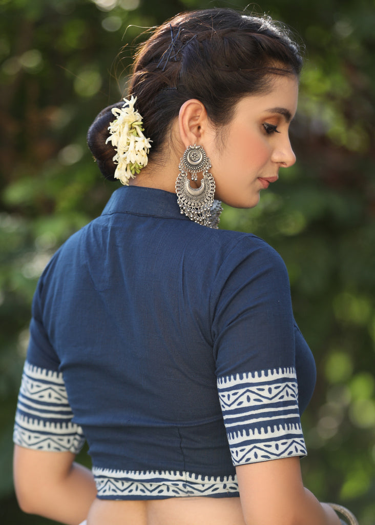 Blue Cotton Slub Blouse with Mandarin Collar and Indigo Border - Optional Plain Saree
