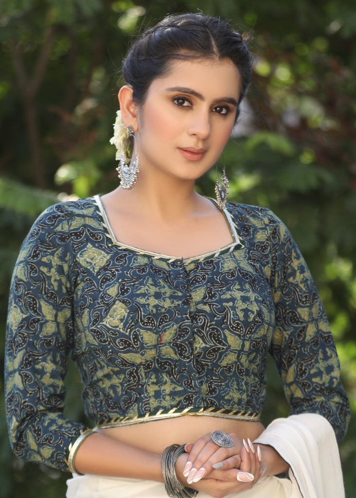 Dussehra Sale — Classy Ajrakh Blouse with Highlighted with Gota Patti Lace