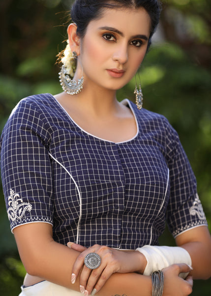 Elegant Navy Blue Checks Blouse with Exquisite Embroidered motif on Back and Sleeves