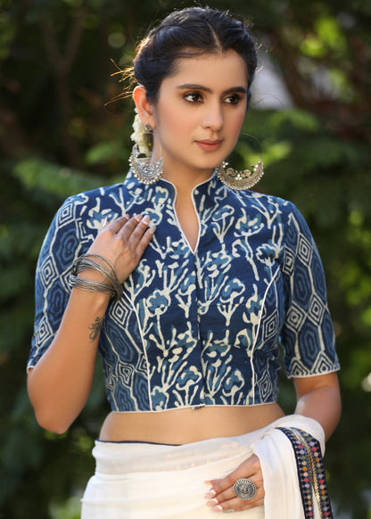 Elegant Floral Combination Indigo Collar Blouse