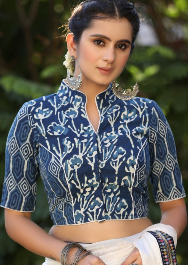 Dussehra Sale — Elegant Floral Combination Indigo Collar Blouse