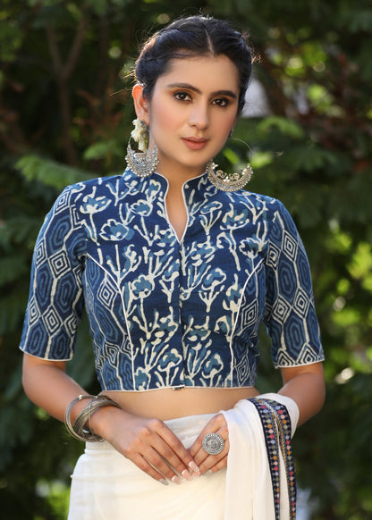 Elegant Floral Combination Indigo Collar Blouse