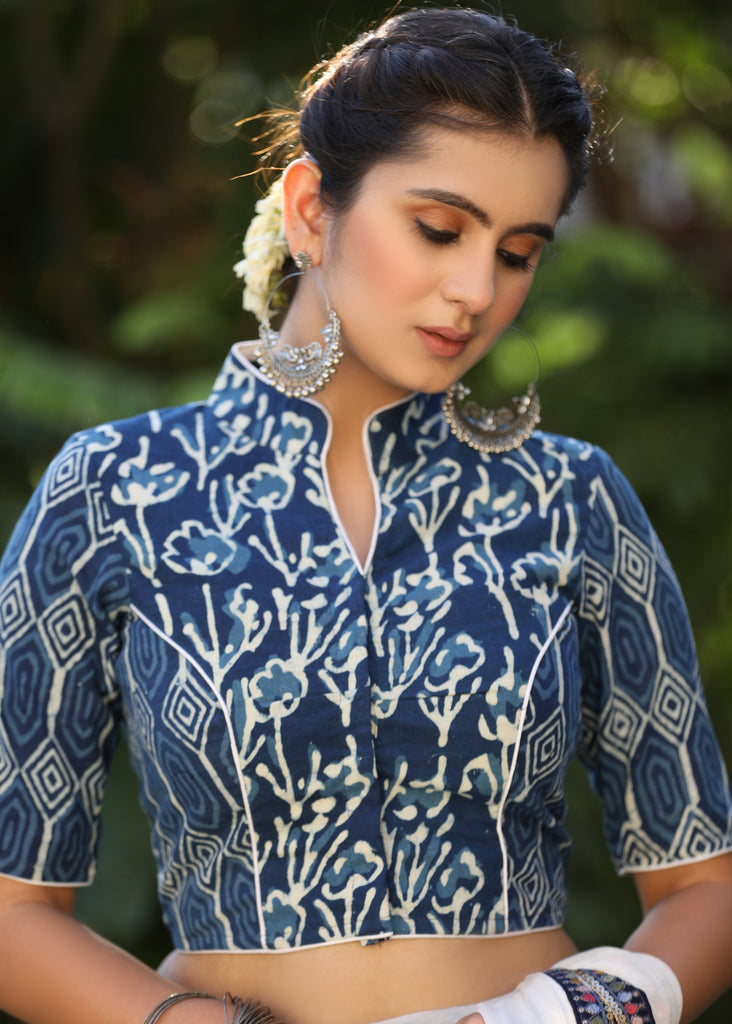Elegant Floral Combination Indigo Collar Blouse