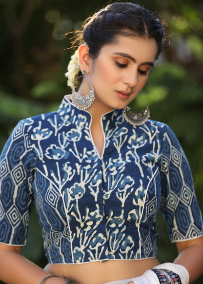 Elegant Floral Combination Indigo Collar Blouse
