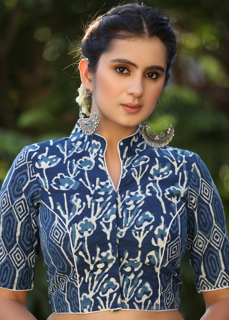 Elegant Floral Combination Indigo Collar Blouse
