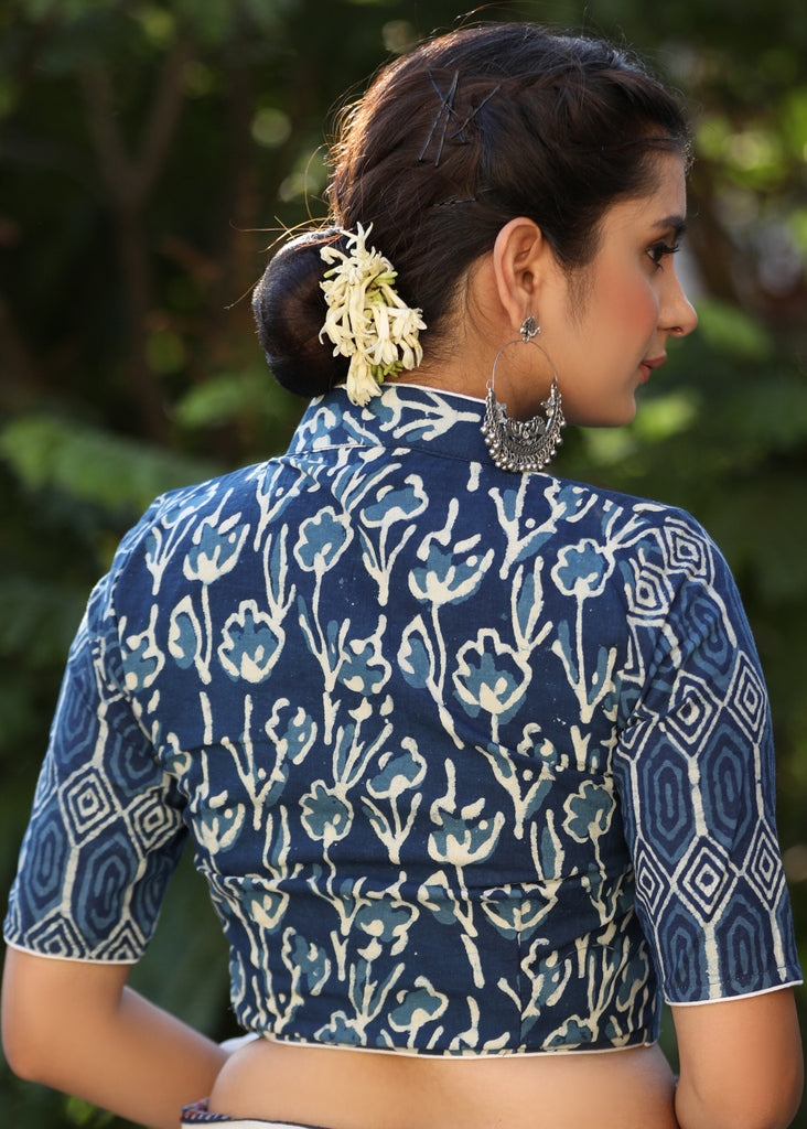 Elegant Floral Combination Indigo Collar Blouse