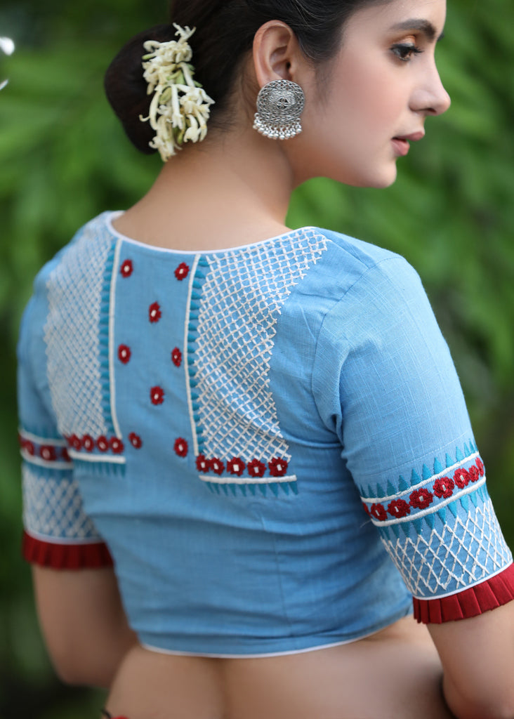Powder Blue Cotton Blouse with Contrast Embroidery at the Back and on the Sleeves with Maroon Frill Detailing