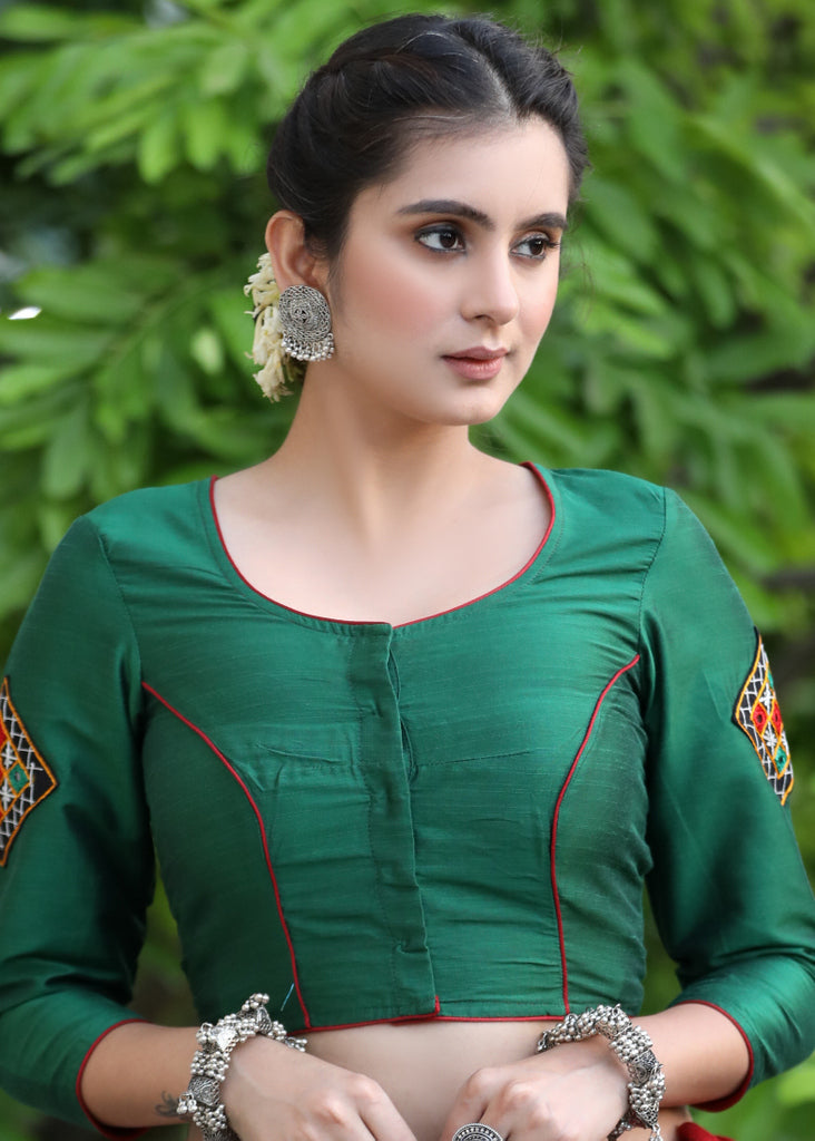 Dussehra Sale — Green Cotton Silk Blouse with Kutch Embroidered Patch