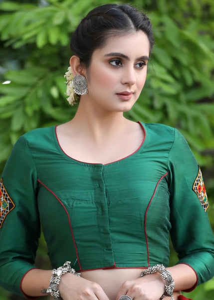Green Cotton Silk Blouse with Kutch Embroidered Patch